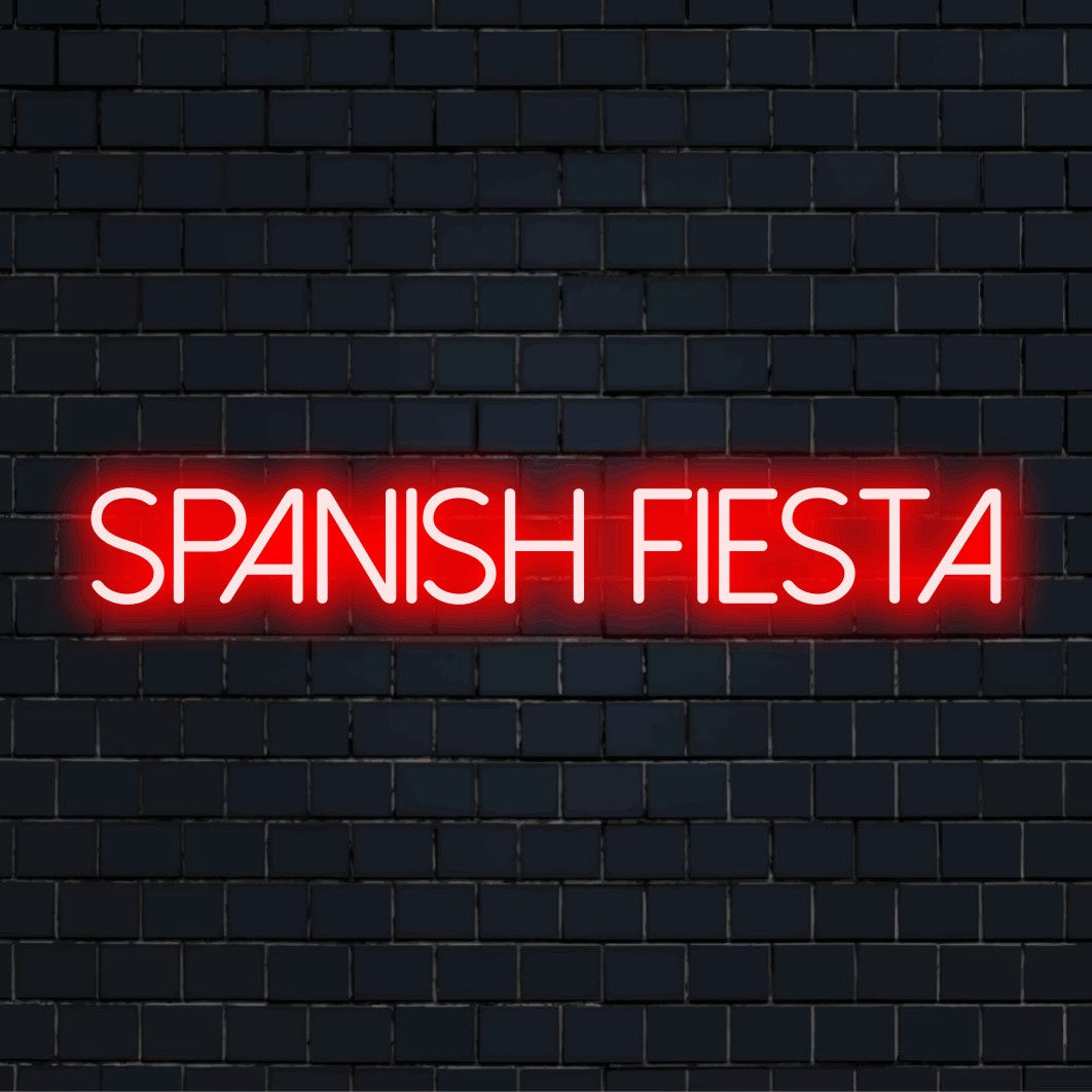 Spanish Fiesta LED Neon Sign, soft neon glow on dark brick wall