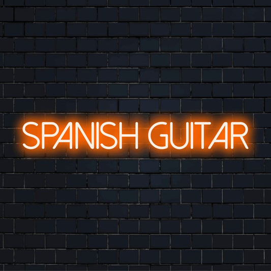 Spanish Guitar Neon Sign, glowing wall decor against brick backdrop
