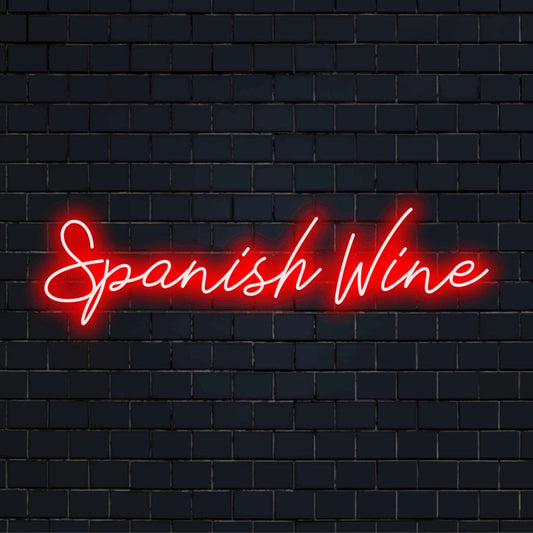 Spanish Wine Neon Light with bright LED glow on dark brick wall