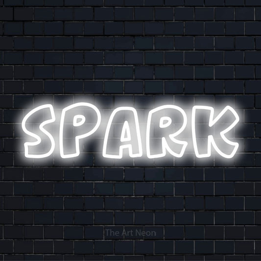 "Spark" neon text design on a black brick wall