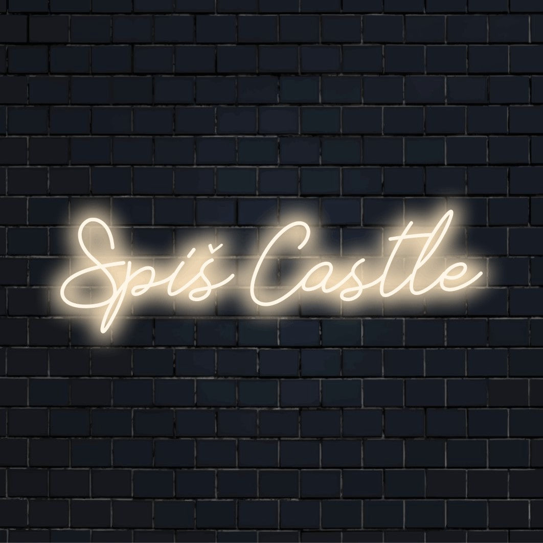 Spi Castle LED Neon Sign, bright LED glow on dark brick background