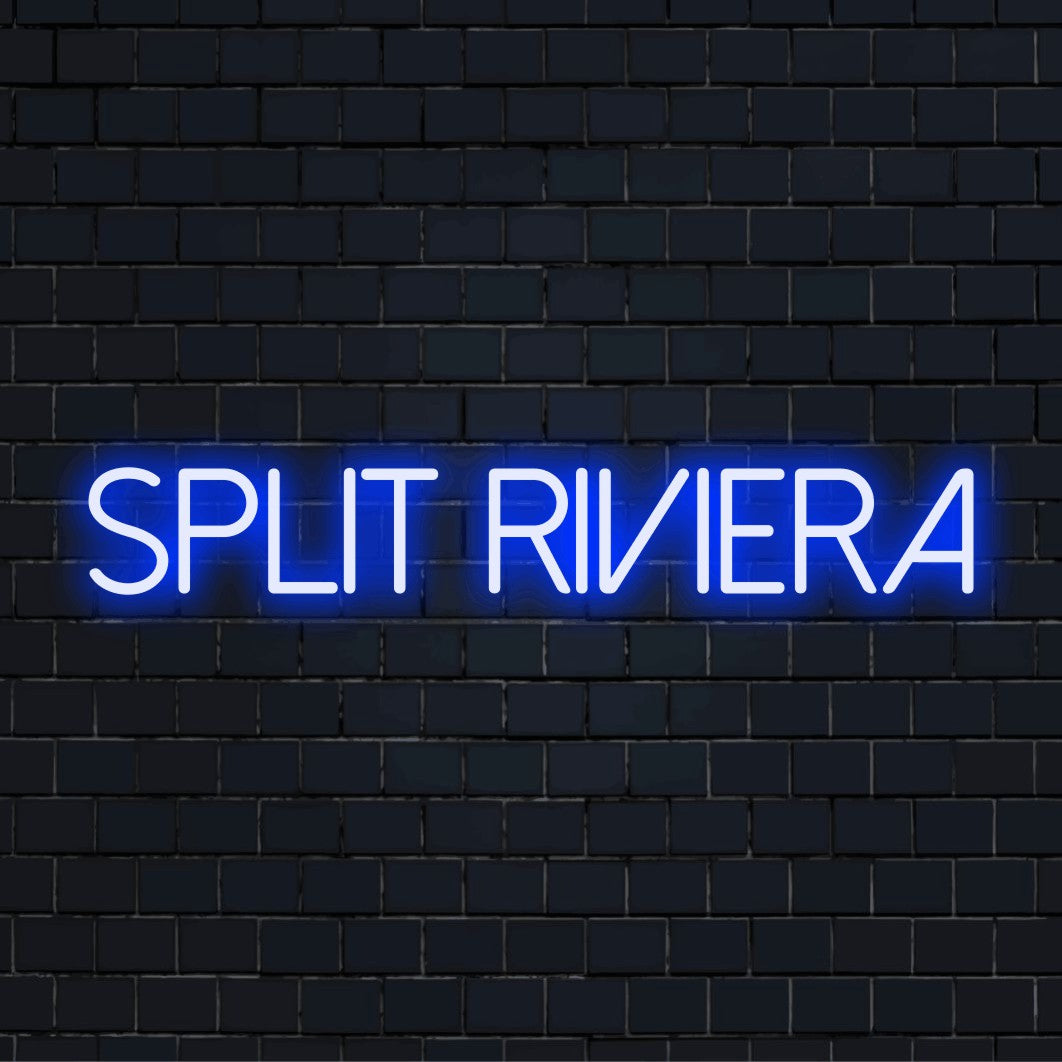 Split Riviera Neon Sign, bright neon glow on black brick background