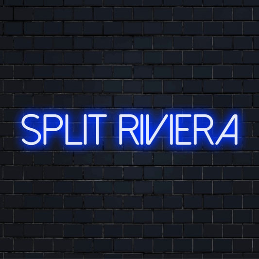 Split Riviera Neon Sign, bright neon glow on black brick background
