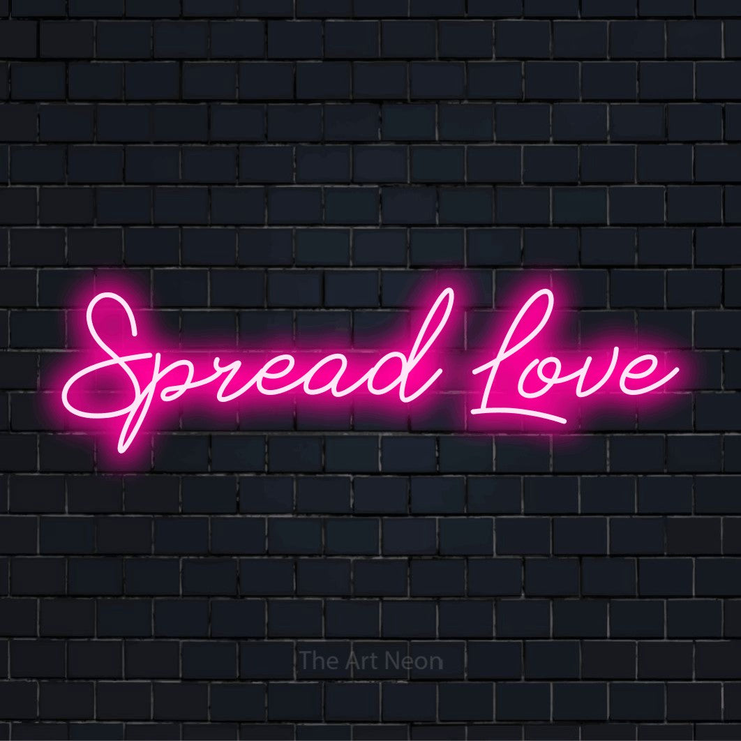 "Spread Love" neon text design on a black brick wall