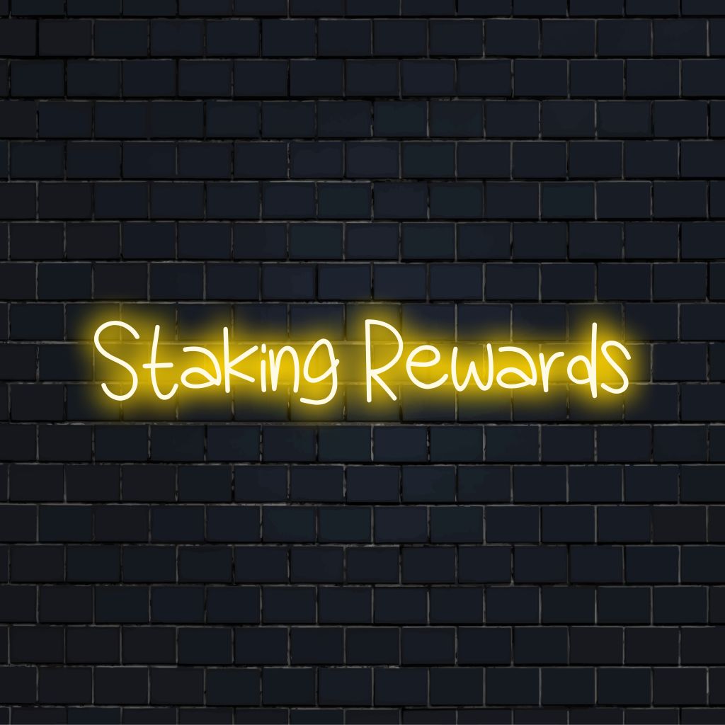 Staking Rewards Neon Sign, bright LED glow on dark brick wall