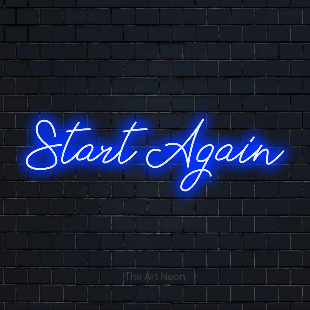 "Start Again" text design with neon effect on a black brick wall