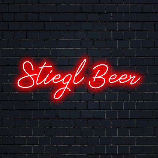 Stiegl Beer Neon Sign, soft neon glow on black brick background