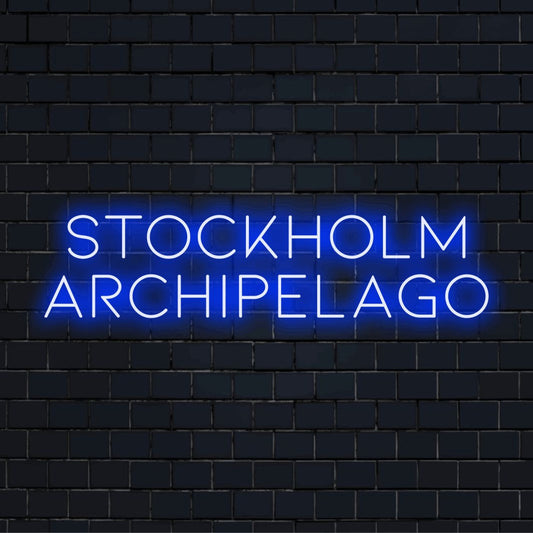 Stockholm Archipelago Neon Sign, soft neon glow against brick backdrop