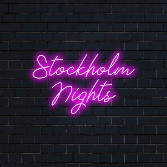 Stockholm Night Neon Light with neon text light against black brick wall
