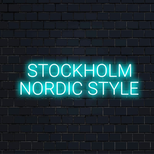 Stockholm Nordic Style Neon Sign, glowing wall decor on dark brick background