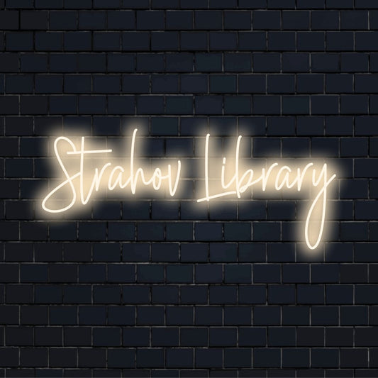 Strahov Library Neon Sign, glowing lettering on black brick background
