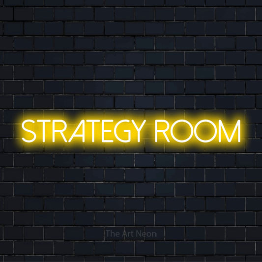 "Strategy Room" script-style LED neon sign on a black brick wall