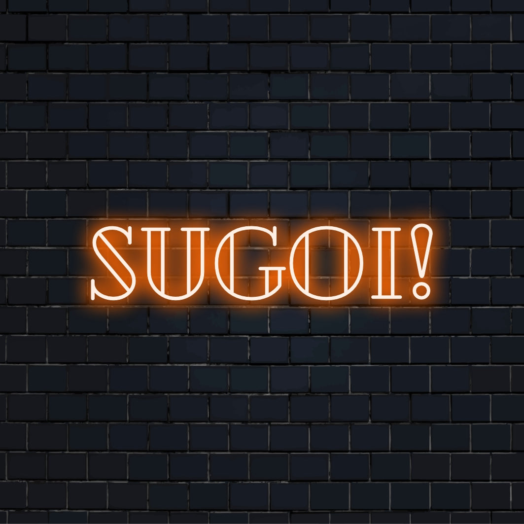 Sugoi Neon Sign, bright neon glow on dark brick wall