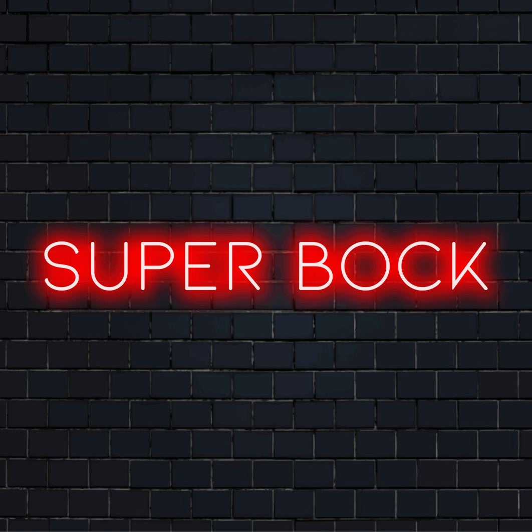Super Bock Neon Light with glowing lettering against brick backdrop