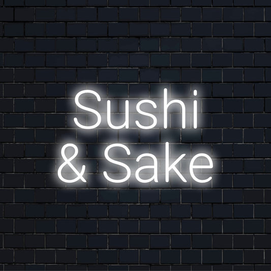 Sushi Sake Neon Sign, bright neon glow against black brick wall