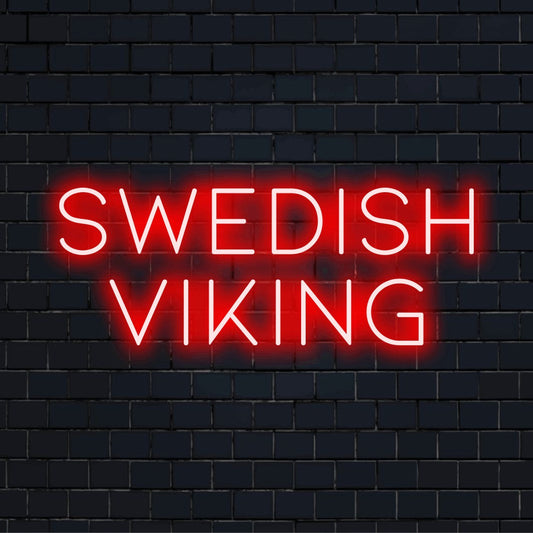 Swedish Viking Neon Sign, neon text light against black brick wall