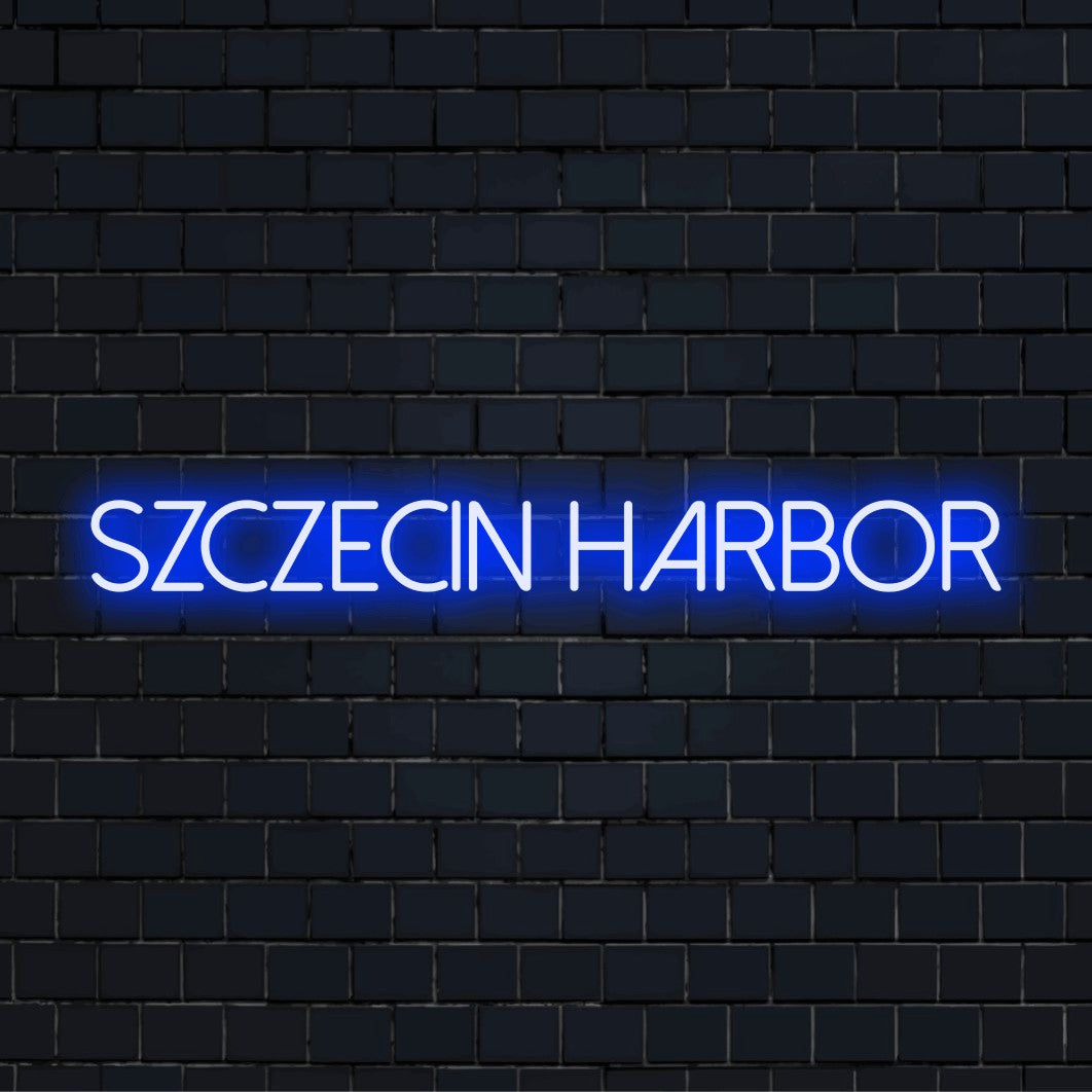 Szczecin Harbor Neon Light with bright LED glow against black brick wall