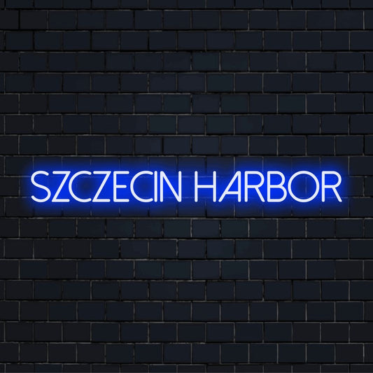 Szczecin Harbor Neon Light with bright LED glow against black brick wall