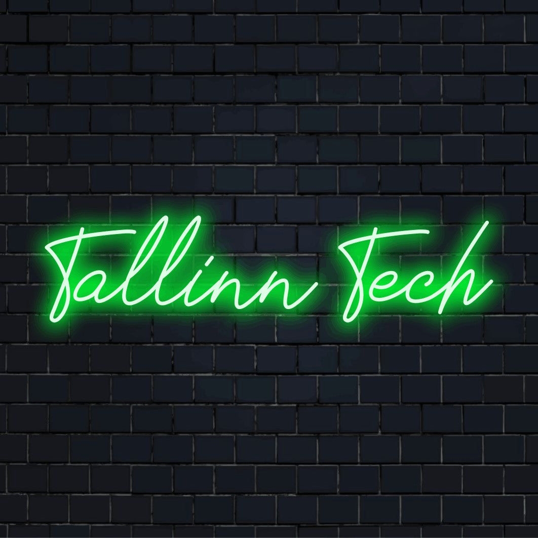 Tallinn Tech Neon Sign, glowing wall decor on black brick background