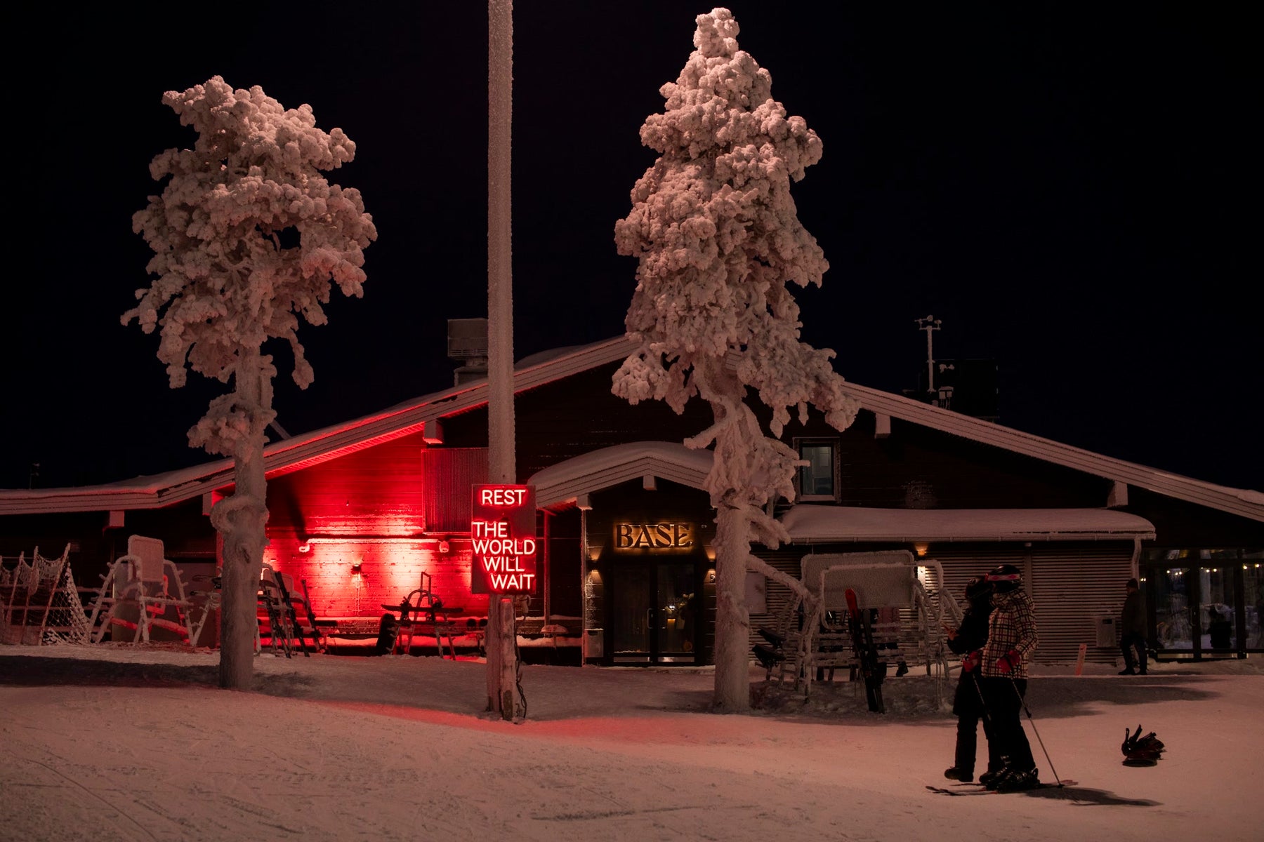 Outdoor LED neon text installation at Ruka Polar Night Light Festival in Finland