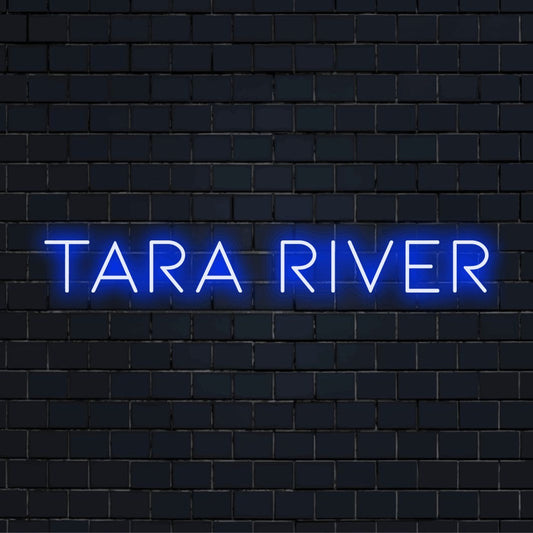 Tara River LED Neon Sign, neon text light on black brick background