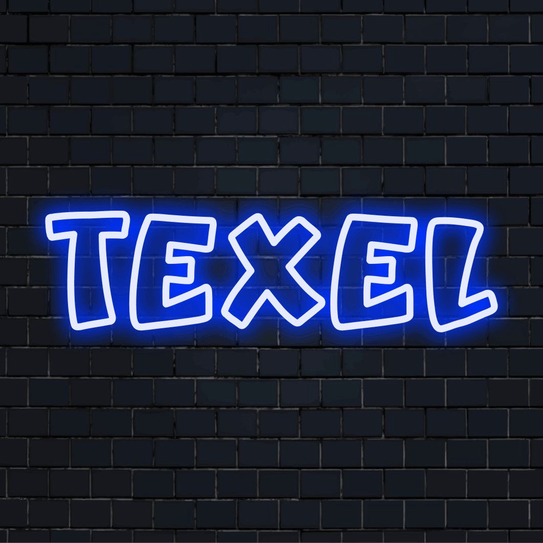 Texel LED Neon Sign, glowing lettering against black brick wall