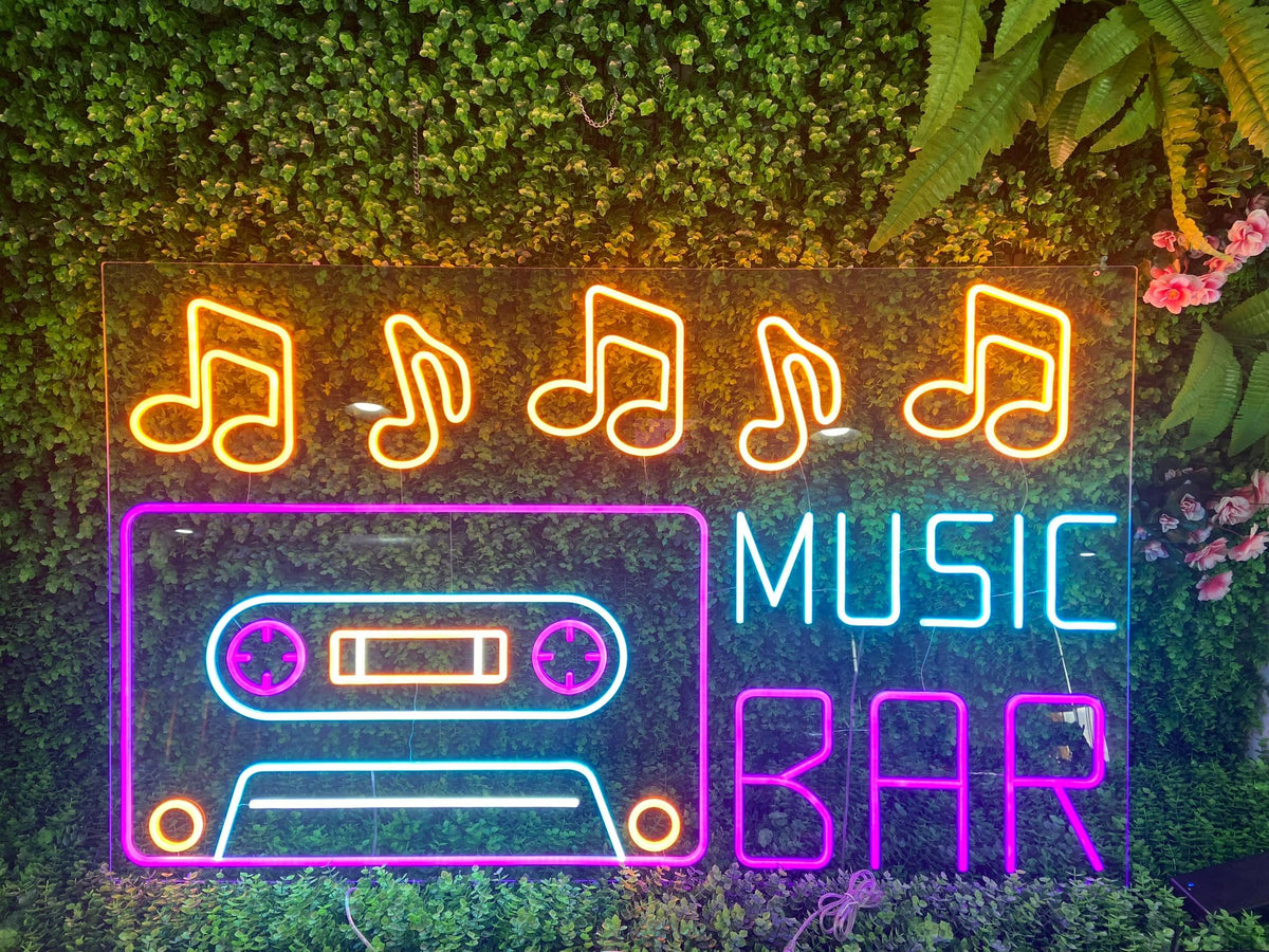 Finished multicolour Music Bar LED neon sign illuminated during quality testing