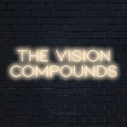 "The Vision Compounds" neon text design on a black brick wall