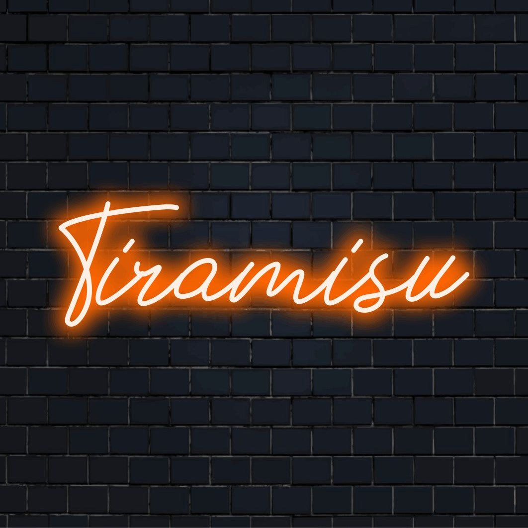 Tiramisu Neon Sign, bright LED glow on black brick background