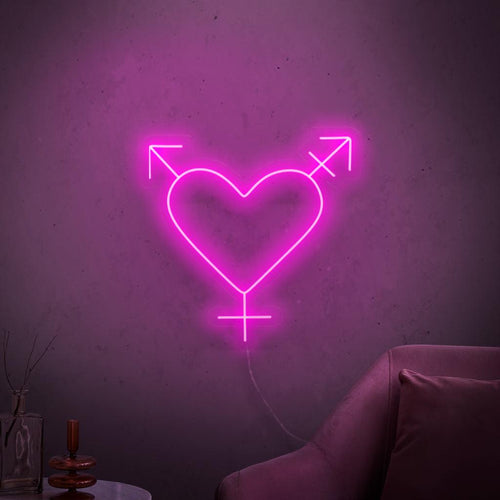 Een opvallend neonbord met het transgendersymbool, dat de LGBTQ+-gemeenschap en de principes van inclusiviteit en gelijkheid vertegenwoordigt.