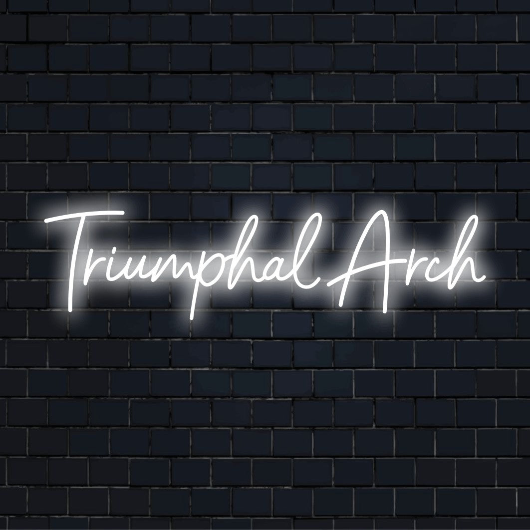 Triumphal Arch Neon Light with glowing wall decor against black brick wall
