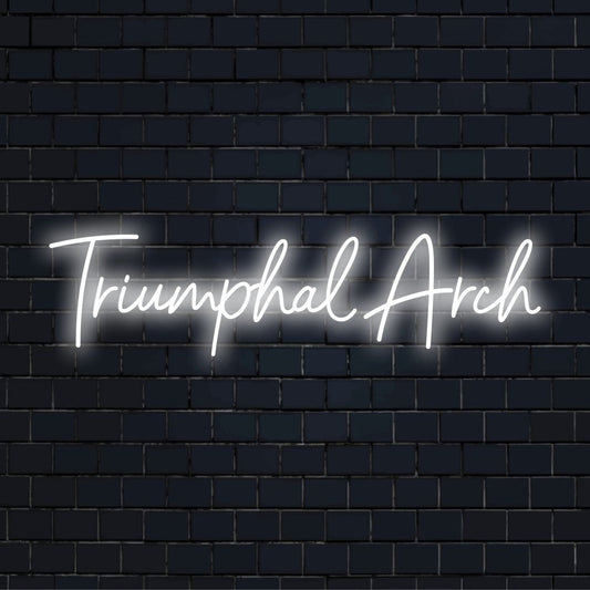 Triumphal Arch Neon Light with glowing wall decor against black brick wall