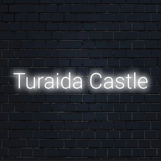 Turaida Castle Neon Sign, glowing neon text against brick backdrop