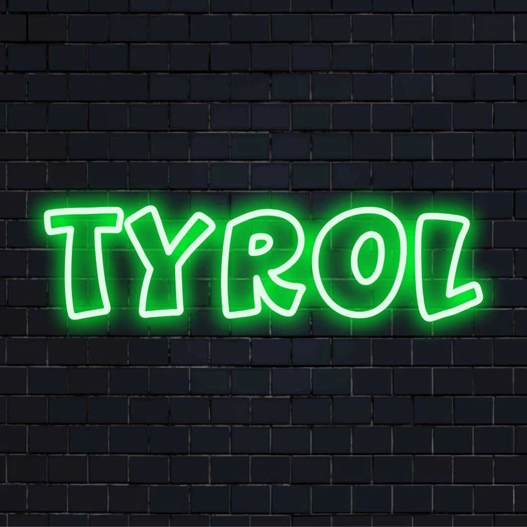 Tyrol Neon Light with soft neon glow against brick backdrop