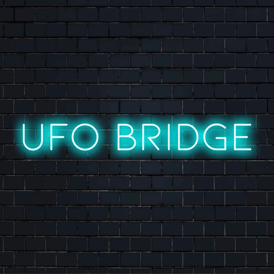 Ufo Bridge Neon Sign, glowing lettering on dark brick wall