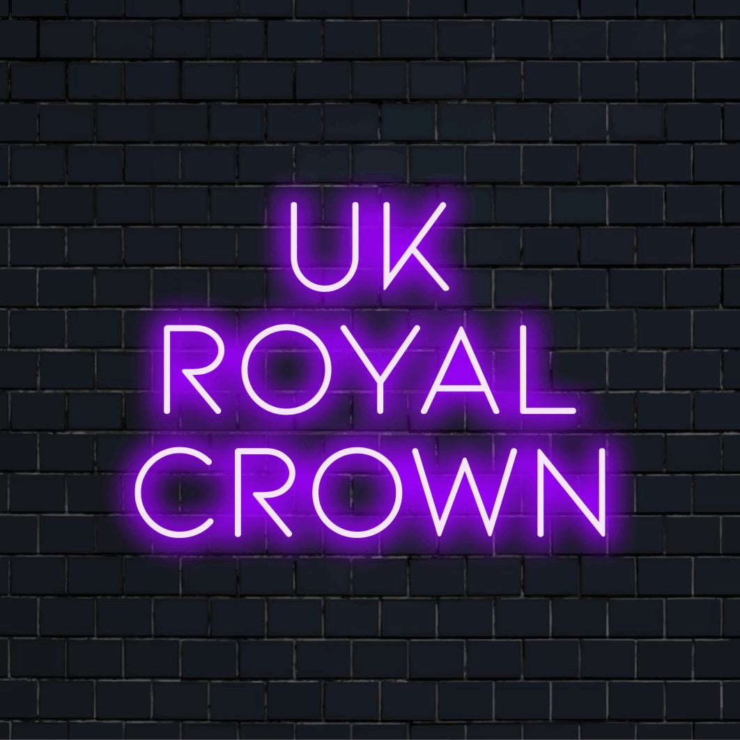 Uk Royal Crown Neon Sign, bright LED glow on black brick background