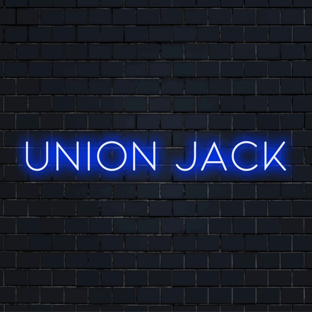 Union Jack Neon Light with glowing neon text against brick backdrop