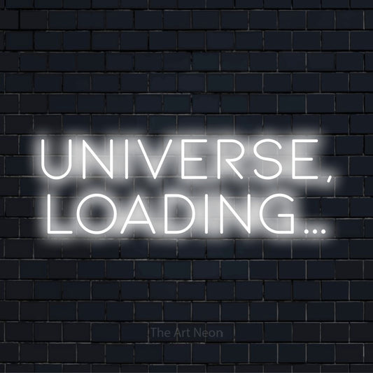 "Universe, Loading…" text design with neon effect on a black brick wall