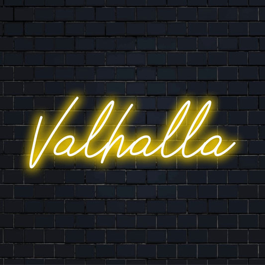 Valhalla LED Neon Sign, bright LED glow on dark brick wall