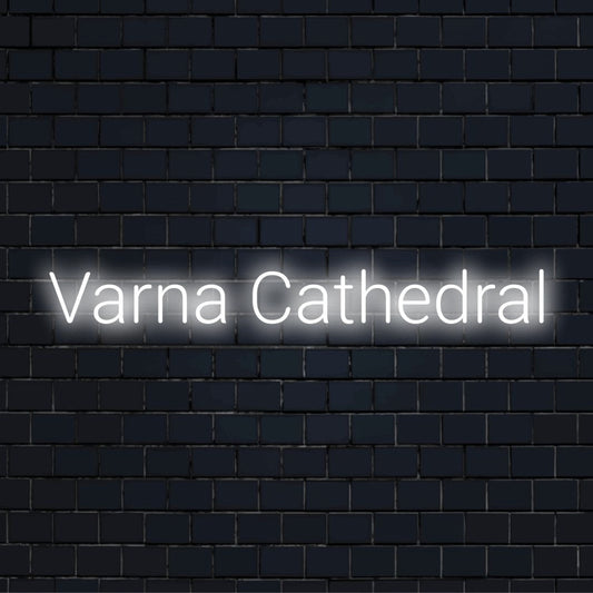 Varna Cathedral LED Neon Sign, bright neon glow on black brick background