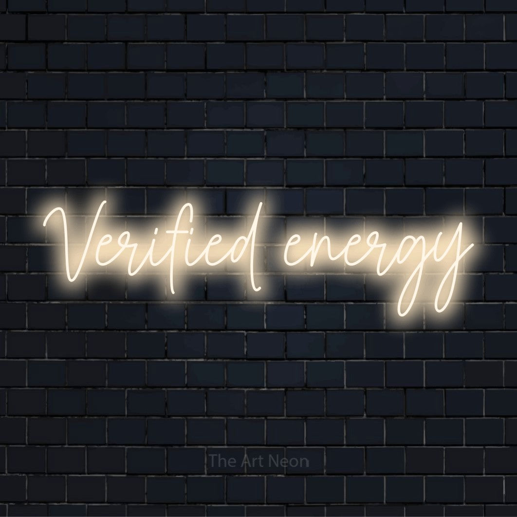 "Verified Energy" LED neon sign on a black brick wall