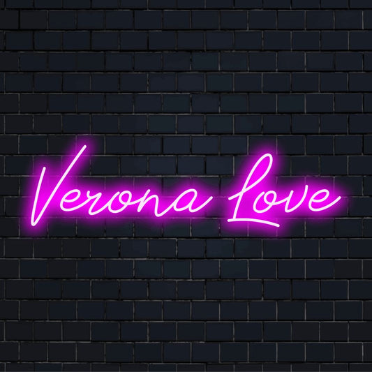 Verona Love Neon Sign, bright neon glow on black brick background