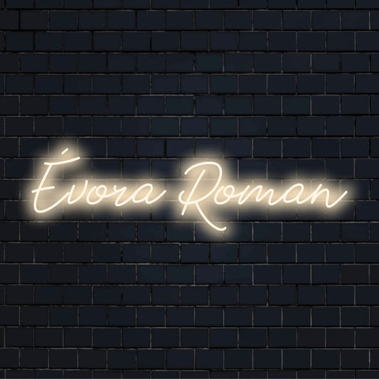 Vora Roman Neon Sign, glowing lettering against black brick wall