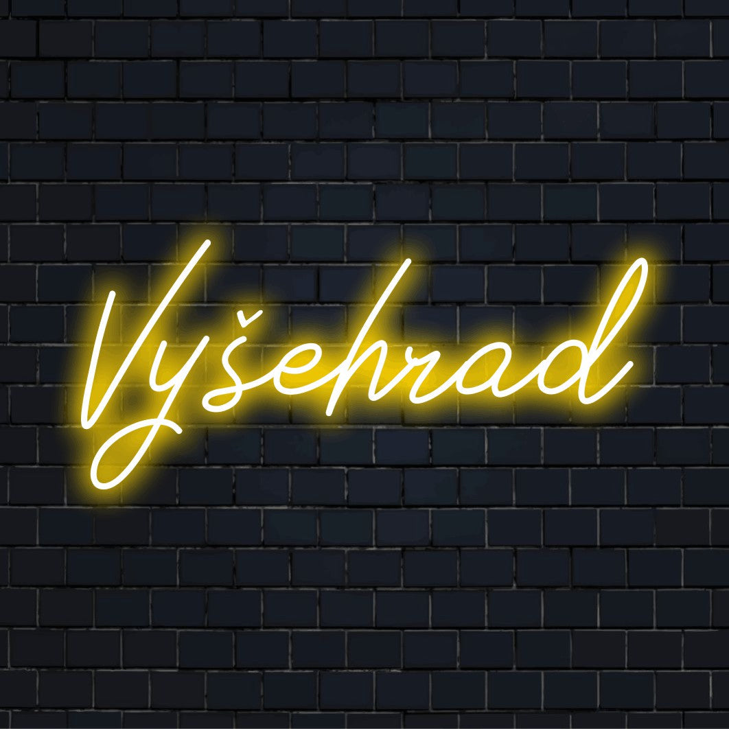 Vy Ehrad LED Neon Sign, glowing neon text on dark brick background