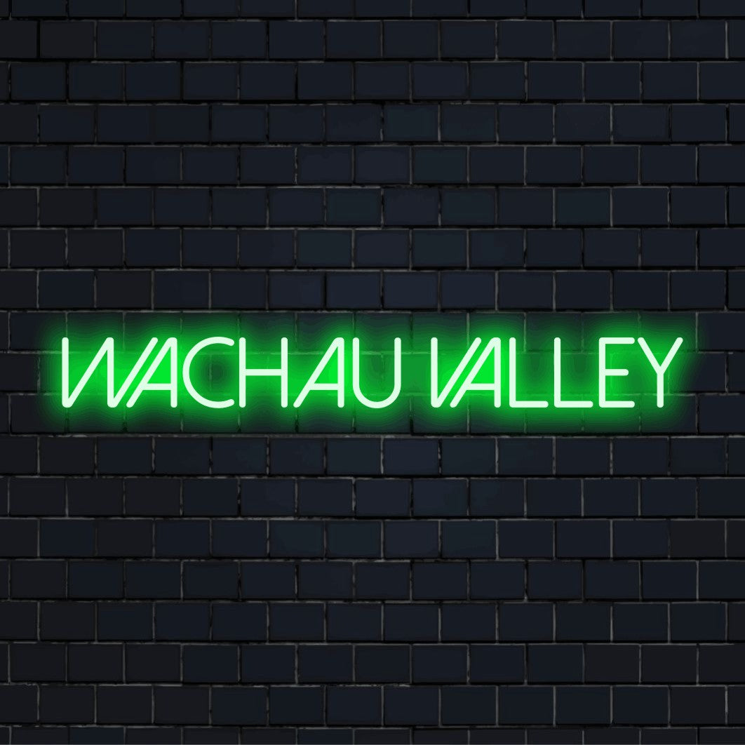 Wachau Valley Neon Sign, bright LED glow on dark brick wall