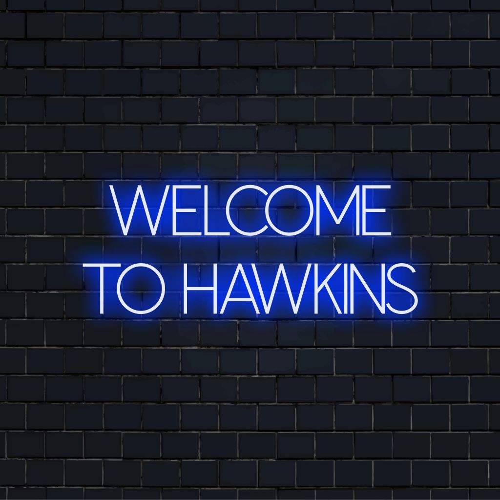 Welcome To Hawkins Neon Sign, bright neon lettering against brick backdrop