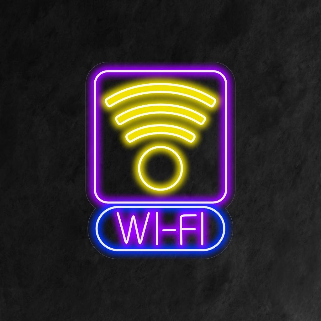 Een stijlvol neonbord met het iconische symbool voor Wi-Fi, dat de beschikbaarheid van internettoegang symboliseert.