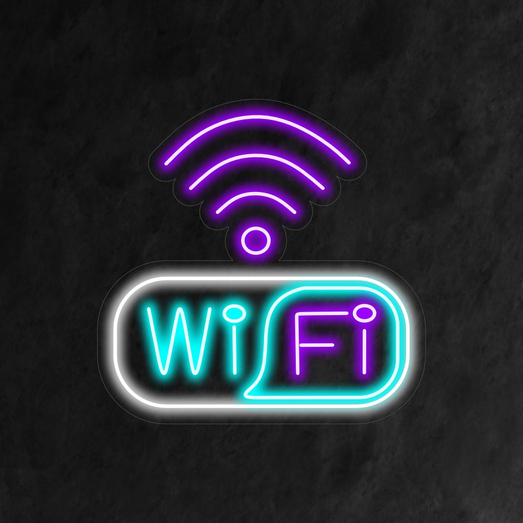 Een neonbord met het iconische Wi-Fi-symbool, dat staat voor technologie en connectiviteit.