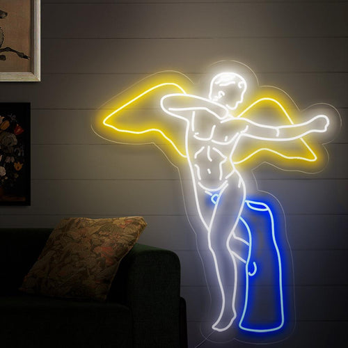 Een betoverend neonbord in de vorm van een Winged Man-standbeeld, met een dynamisch beeldhouwwerk van een man met vleugels.