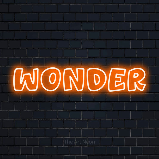 "Wonder" LED neon sign on a black brick wall